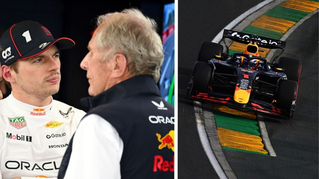 Max Verstappen i diskussion med Helmut Marko efter träningen i Melbourne, samt en bild på hans Red Bull-bil på banan.