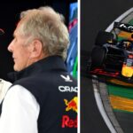 Max Verstappen i diskussion med Helmut Marko efter träningen i Melbourne, samt en bild på hans Red Bull-bil på banan.