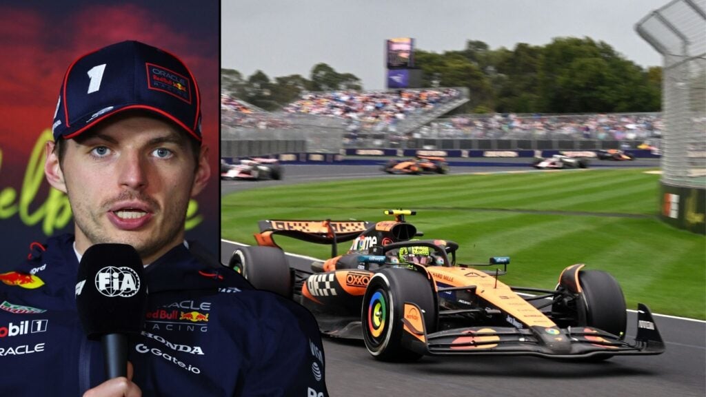 Montage av Max Verstappen under en presskonferens och en McLaren-bil på banan i Australiens GP 2025. Verstappen analyserar McLarens fart efter att ha blivit slagen av Norris och Piastri.