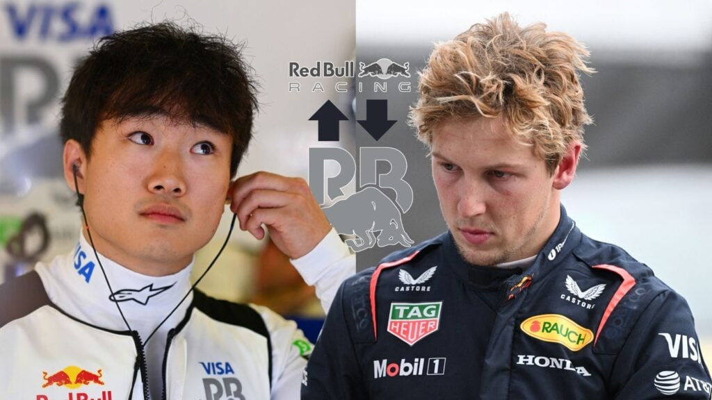 Delad bild på Yuki Tsunoda och Liam Lawson – symboliserar förarbytet i Red Bull inför Japans GP.
