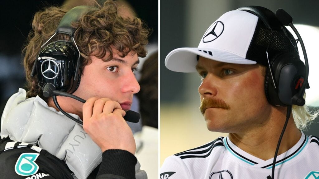 Kimi Antonelli och Valtteri Bottas med headset i Mercedes depå under en F1-helg 2025.