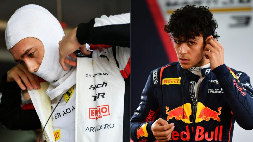 Dino Beganovic och Arvid Lindblad inför F2-loppet i Jeddah 2025, i sina respektive racingoveraller från Ferrari Driver Academy och Red Bull Junior Team.