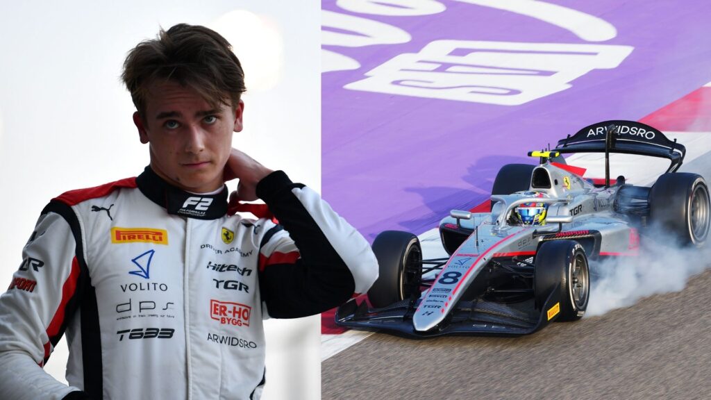Dino Beganovic under F2-helgen i Bahrain 2025, i Ferrari Driver Academy-overall och på banan i full fart.