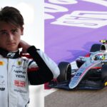 Dino Beganovic under F2-helgen i Bahrain 2025, i Ferrari Driver Academy-overall och på banan i full fart.