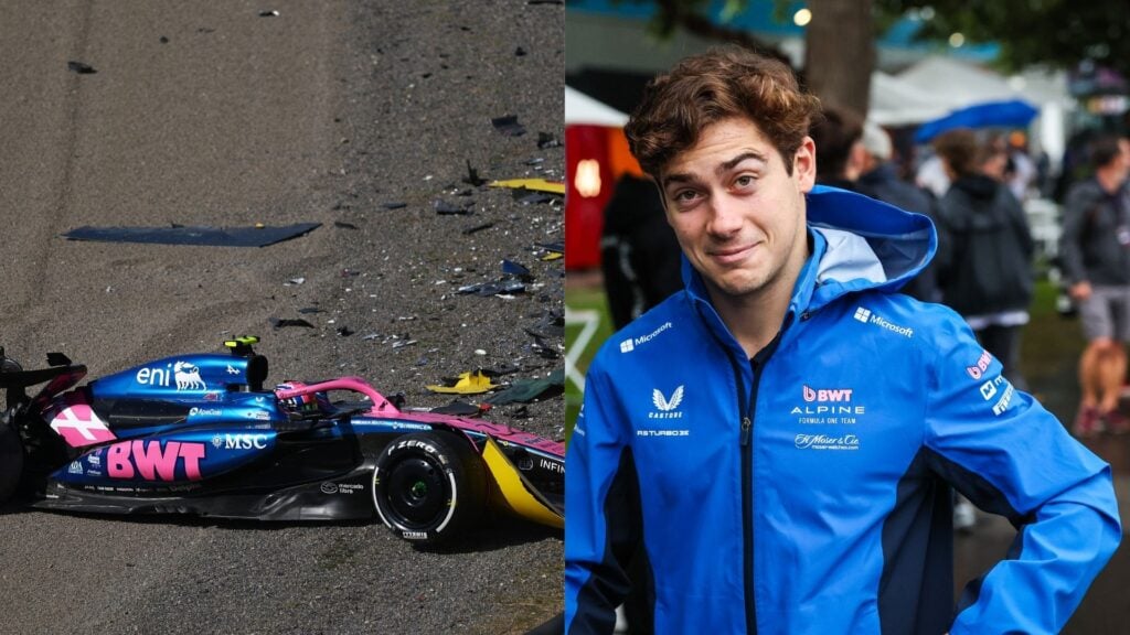 Franco Colapinto i Alpine-jacka bredvid en kraschad Alpine F1-bil, kopplad till Jack Doohan, inför eventuell förarändring i teamet.