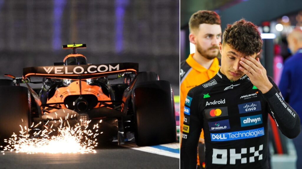 Lando Norris ser frustrerad ut efter att ha kraschat sin McLaren i F1-kvalet i Saudiarabien.