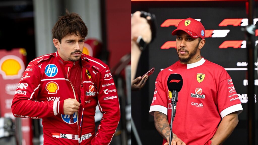 Charles Leclerc och Lewis Hamilton i Ferrari-kläder under racehelg 2025, visar på två olika personligheter i teamet.