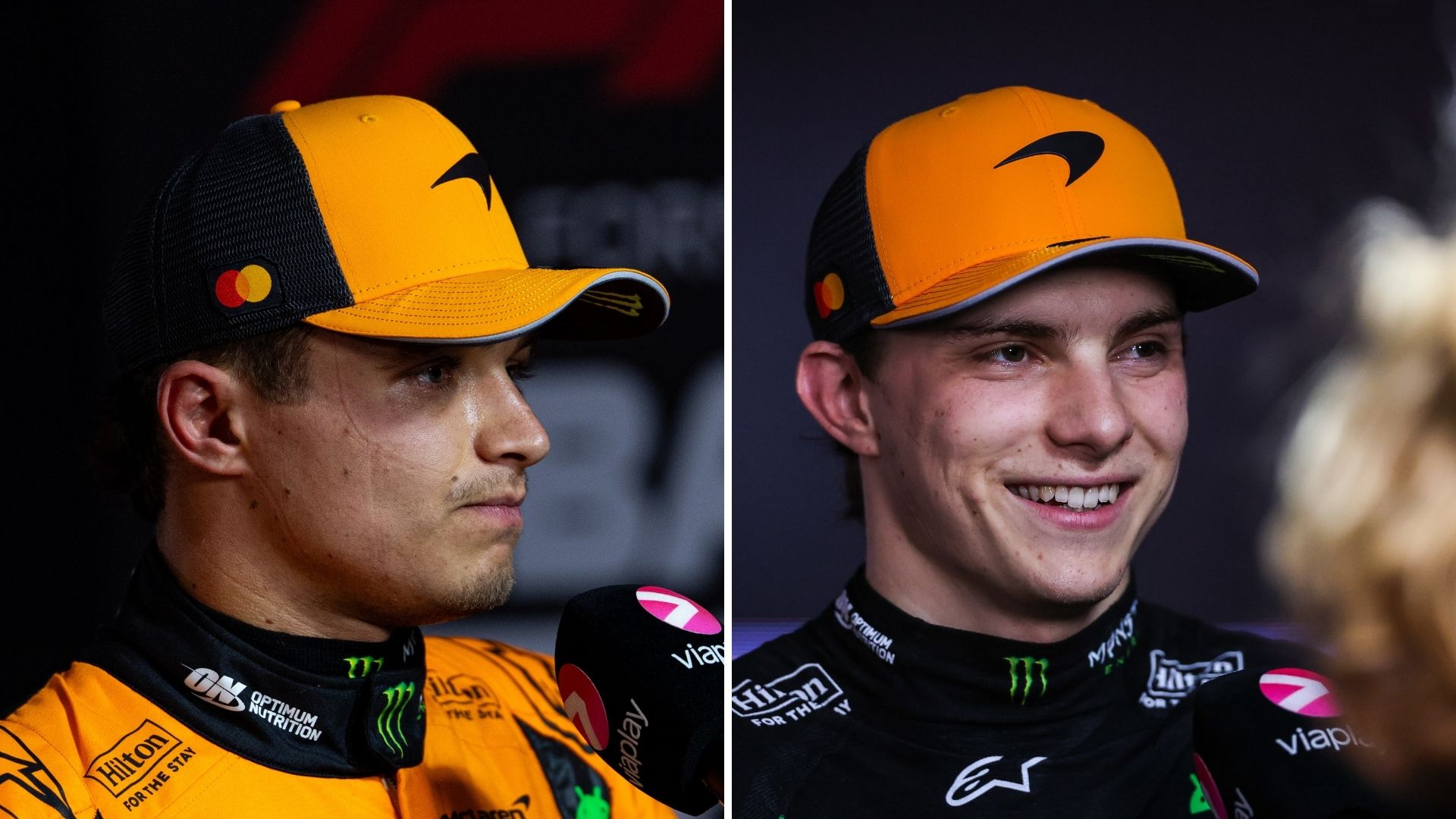 Montage av Lando Norris och Oscar Piastri efter kvalet i Bahrain 2025 – en sammanbiten, en leende.