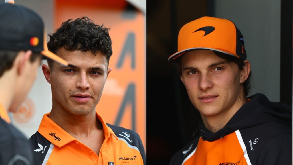 Porträttbild på McLaren-förarna Lando Norris och Oscar Piastri inför F1-säsongen 2025. Rivalitet inom teamet väntas kulminera i en kollision enligt teamchef Zak Brown.