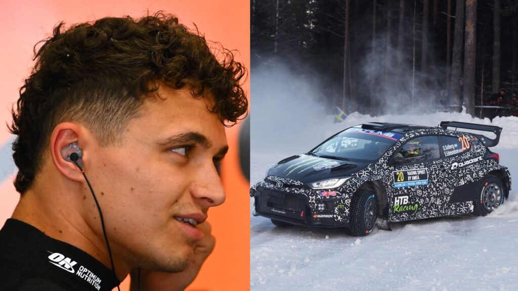Lando Norris under F1-helgen i Saudiarabien 2025 samt Oliver Solbergs WRC-bil med Quadrant-logotyp under svenska rallyt 2025.