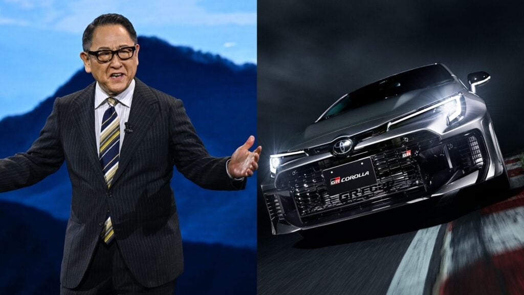 Akio Toyoda tillsammans med Toyota GR Corolla på racerbana – han föredrar bensindrivna sportbilar framför elbilar.