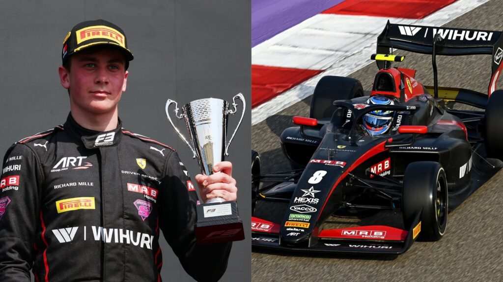 Montage på Tuukka Taponen med pokal efter pallplats i Bahrain och hans ART Grand Prix-bil i fart på banan.