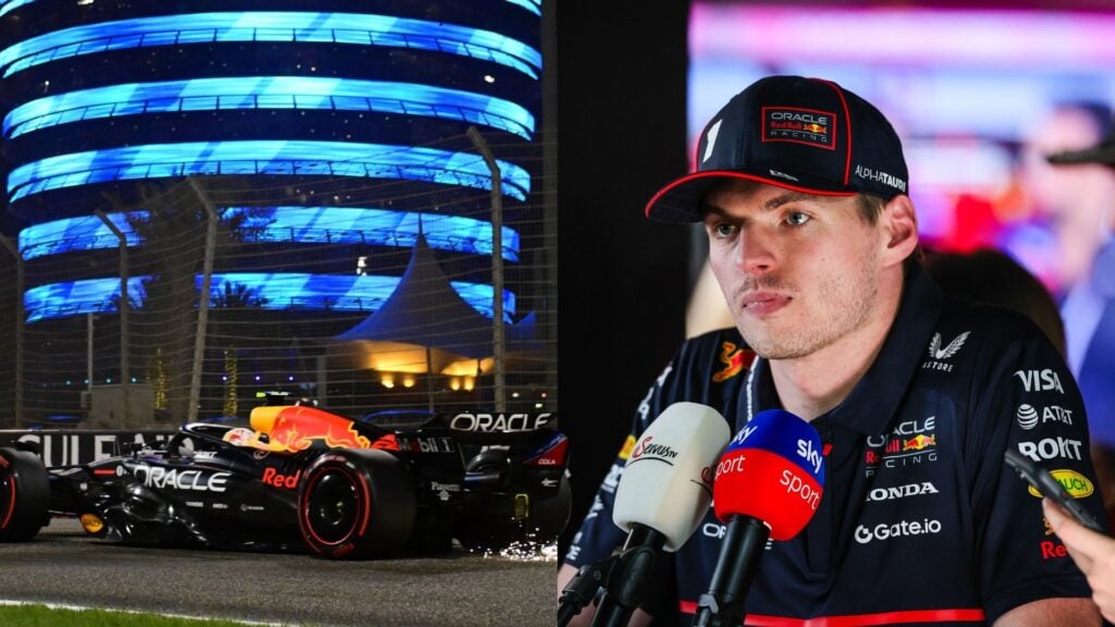 Max Verstappen i mediabåset under Bahrain 2025 samt Red Bull F1-bil i fart på natten framför ljusbelysta byggnaden.