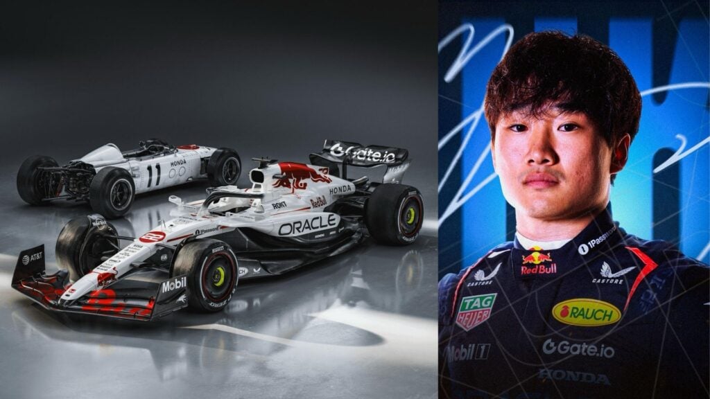 Red Bulls Formel 1-bil i vit Honda-livery inför Japans GP 2025 samt porträtt av Yuki Tsunoda i Red Bull-ställ.