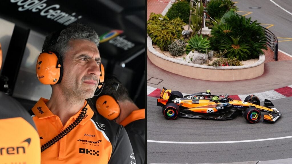 Andrea Stella i McLarens depå samt McLarens F1-bil på banan i Monaco 2025.
