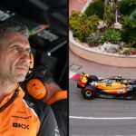 Andrea Stella i McLarens depå samt McLarens F1-bil på banan i Monaco 2025.
