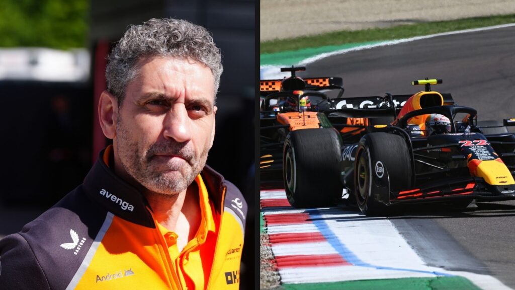 Andrea Stella i närbild samt McLarens och Red Bulls bilar sida vid sida under Emilia-Romagnas GP.