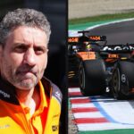 Andrea Stella i närbild samt McLarens och Red Bulls bilar sida vid sida under Emilia-Romagnas GP.