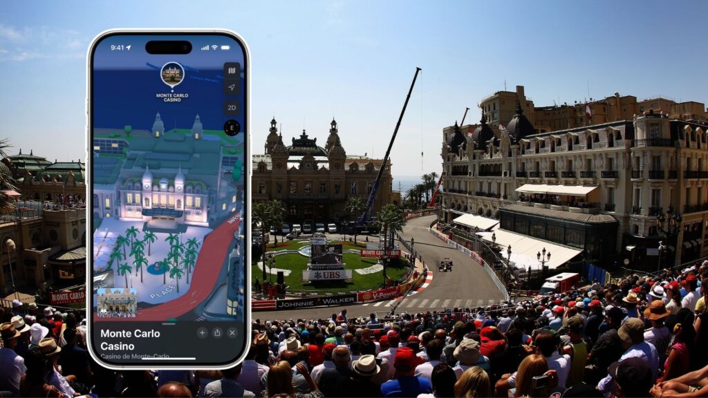 Mobilvy med Apple Maps över Monte Carlo Casino framför verklig vy av F1-banan och casinotorget i Monaco.