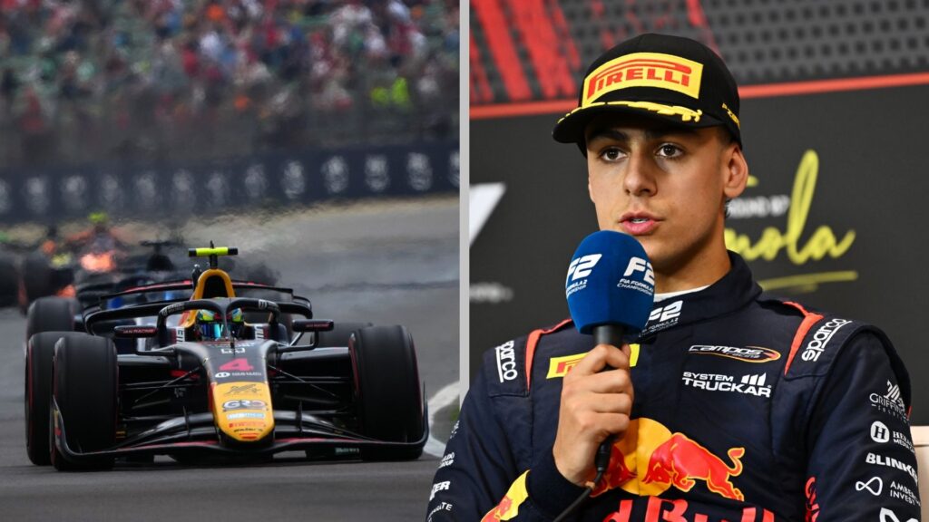 Arvid Lindblad i Campos F2-bil och under presskonferens i Imola 2025.