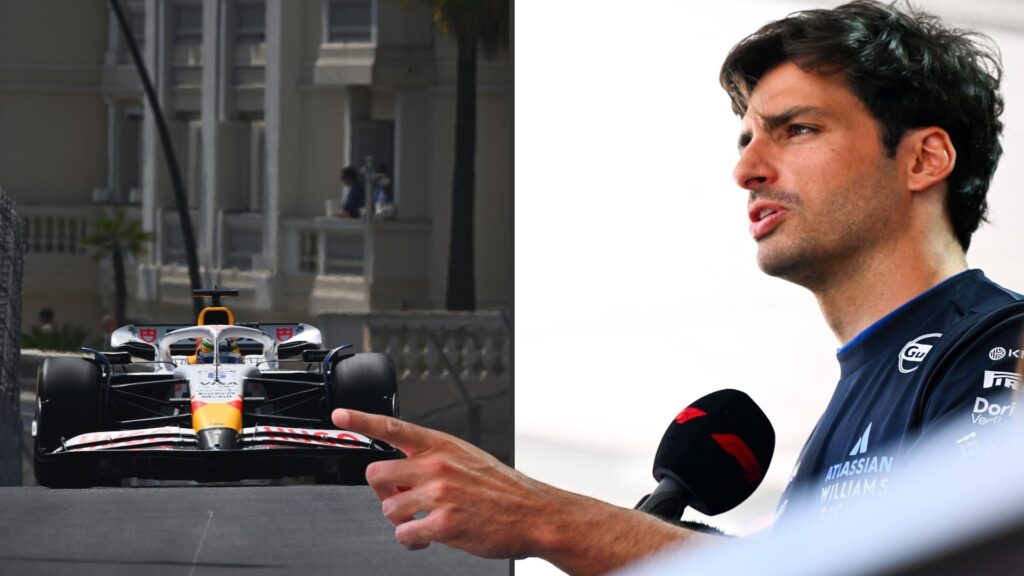 Carlos Sainz pekar under intervju, Racing Bulls-bil kör i Monaco 2025