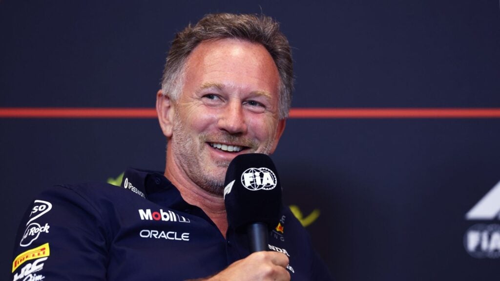 Christian Horner på presskonferens inför Spaniens GP 2025, där han kommenterade ryktena om Ferrari.
