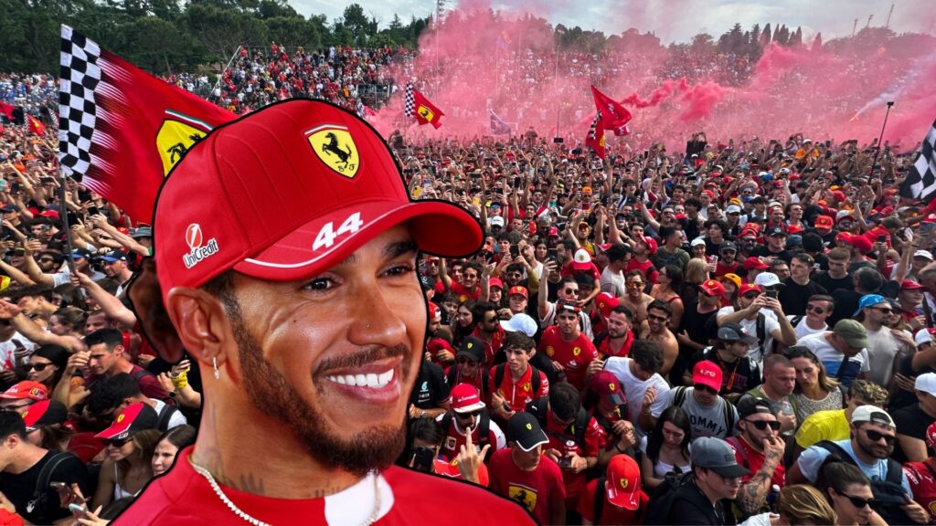 Lewis Hamilton i Ferrari-kläder framför ett hav av tifosi med röd rök och flaggor under F1-helgen i Imola 2025.