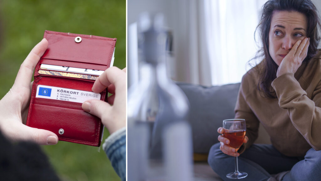 Körkort i plånbok och kvinna som dricker vin
