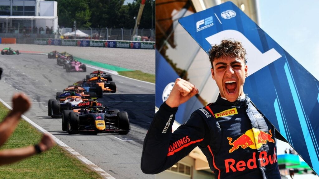Arvid Lindblad firar sin första feature-seger i Formel 2 efter en dominant insats i Barcelona 2025.