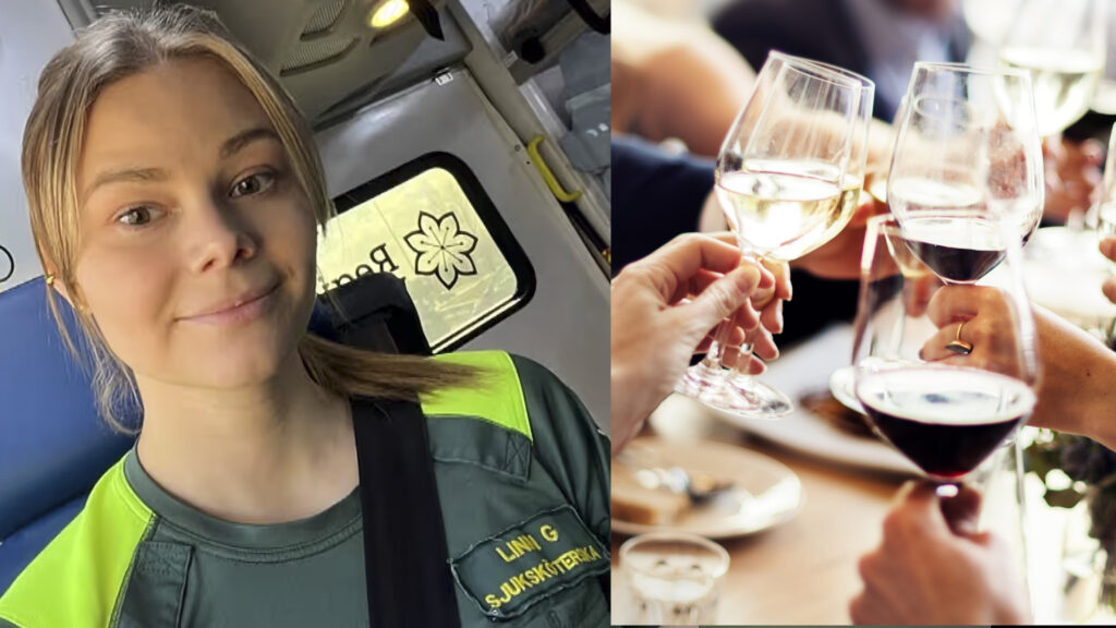 Linn Gustafsson i en ambulans och glas som skålar