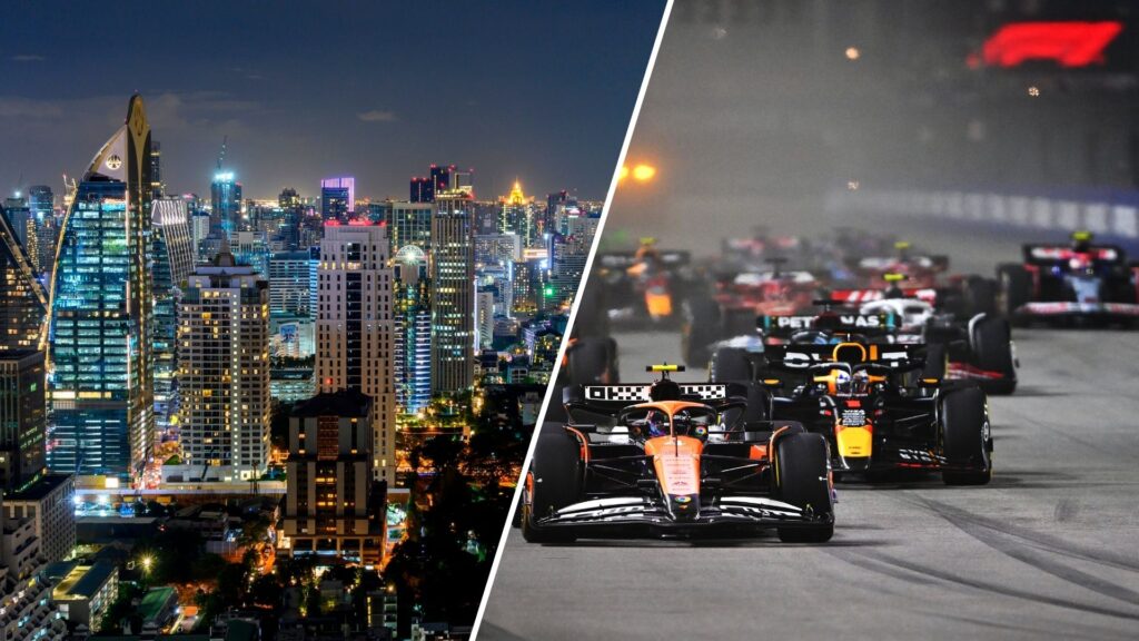 Montage av Bangkoks skyline och Formel 1-start – Thailand vill bli värd för ett F1-stadsrace från 2028