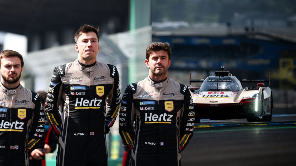 Will Stevens, Alex Lynn och Norman Nato i Cadillac Team Jota framför #12 Hypercar vid Le Mans 2025.