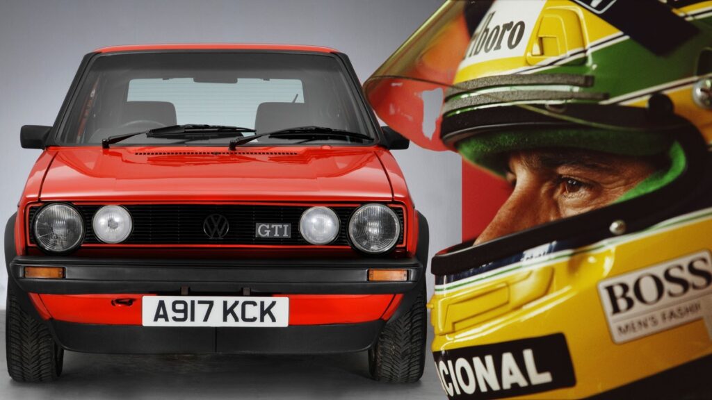 Framifrån på en röd Volkswagen Golf GTI och närbild på Ayrton Senna i hjälm – omslagsbild till auto motor & sports bilquiz.