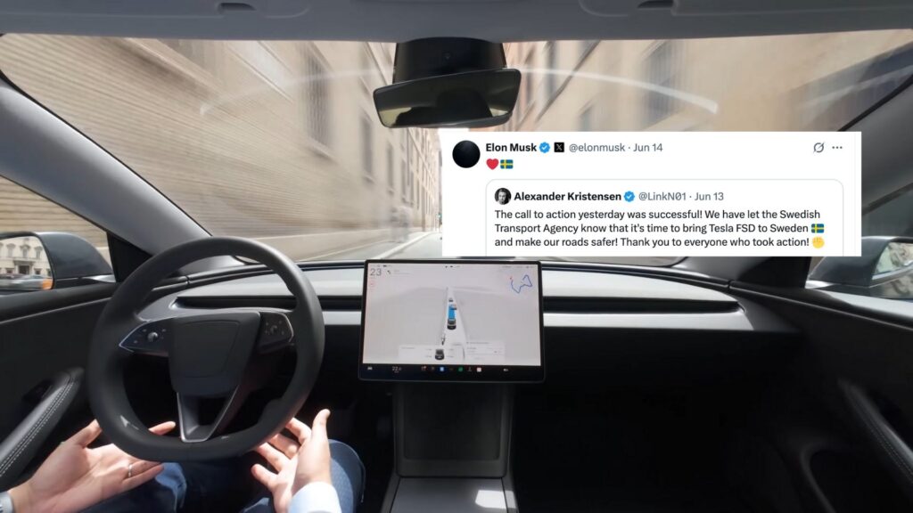 Förarens händer i knät medan Teslas självkörande system FSD Beta kör bilen, med Elon Musks tweet om Sverige överlagrad i bild.