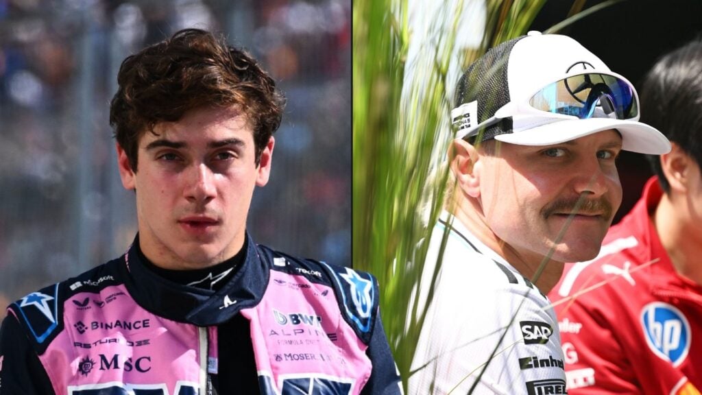 Valtteri Bottas i Mercedes-kläder ler i bakgrunden medan Franco Colapinto ser sammanbiten ut i Alpine-overall under ett F1-lopp 2025.