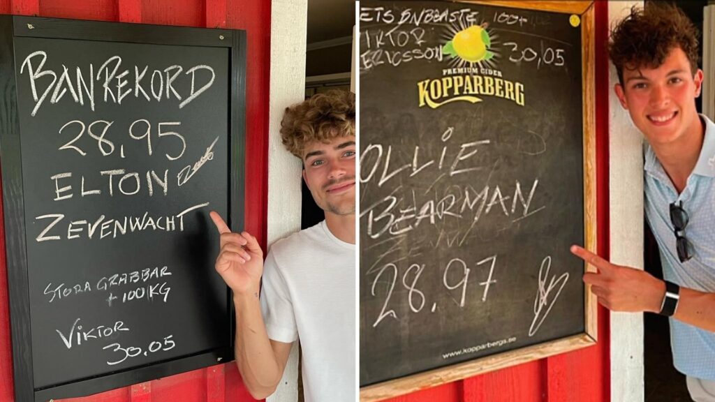 Elton Zevenwacht och Oliver Bearman poserar vid griffeltavla med gokartrekord i Varberg.