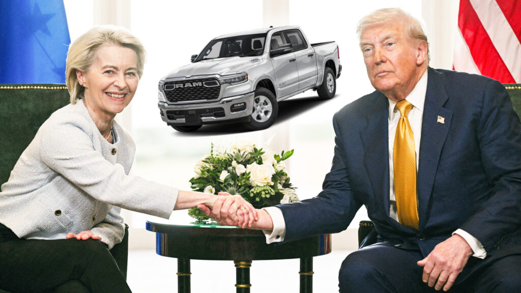 Ursula Von Der Leyen skakar hand med Donald Trump.
