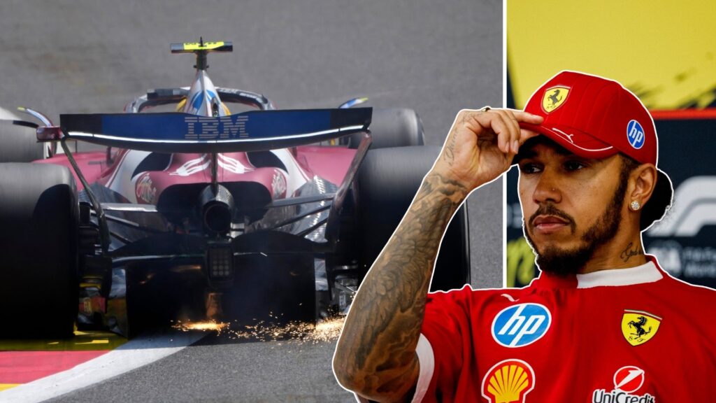 Lewis Hamilton i Ferrari-kläder samt bakifrånbild på Ferrarin som han snurrade med under sprintkvalet på Spa 2025