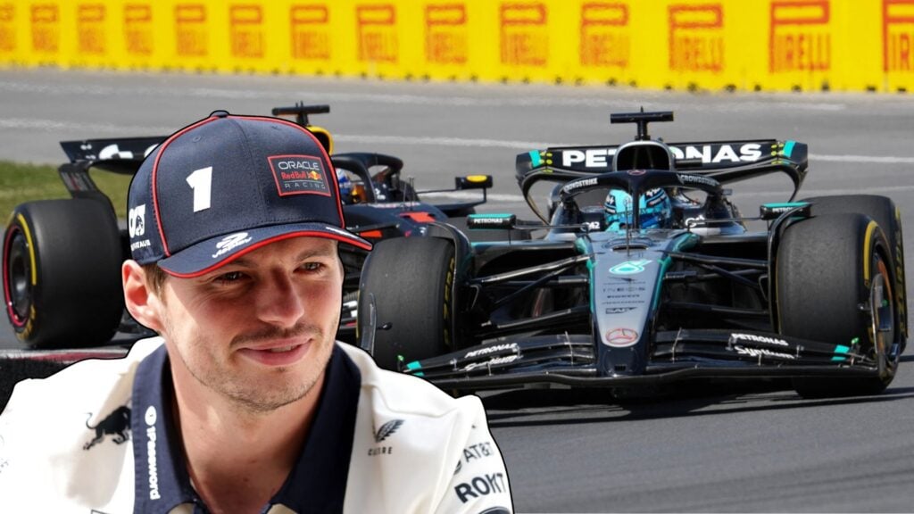 Max Verstappen i Red Bull-kläder framför Mercedes och Red Bull-bilar på banan.