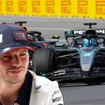 Max Verstappen i Red Bull-kläder framför Mercedes och Red Bull-bilar på banan.