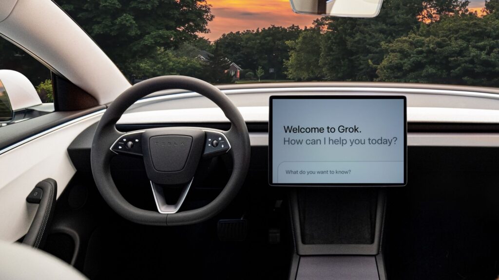 Tesla-interiör med Grok på skärmen och hund i passagerarsätet