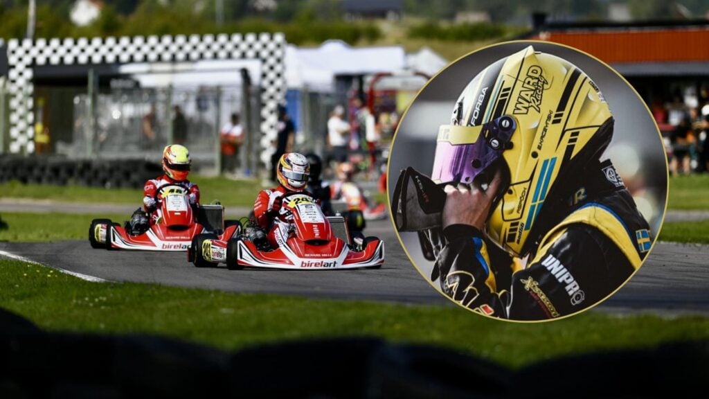 Elliot Kaczynski under SM i karting 2025 i Jönköping, iförd gul hjälm och Ward Racing-dräkt, körandes på banan tillsammans med andra förare.