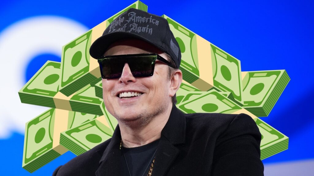 Elon Musk med solglasögon och pengabuntar i bakgrunden.