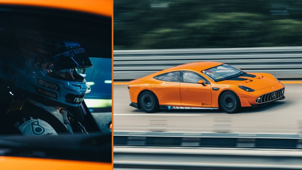 George Russell bakom ratten i Mercedes AMG GT XX under världsrekordkörningen 2025.