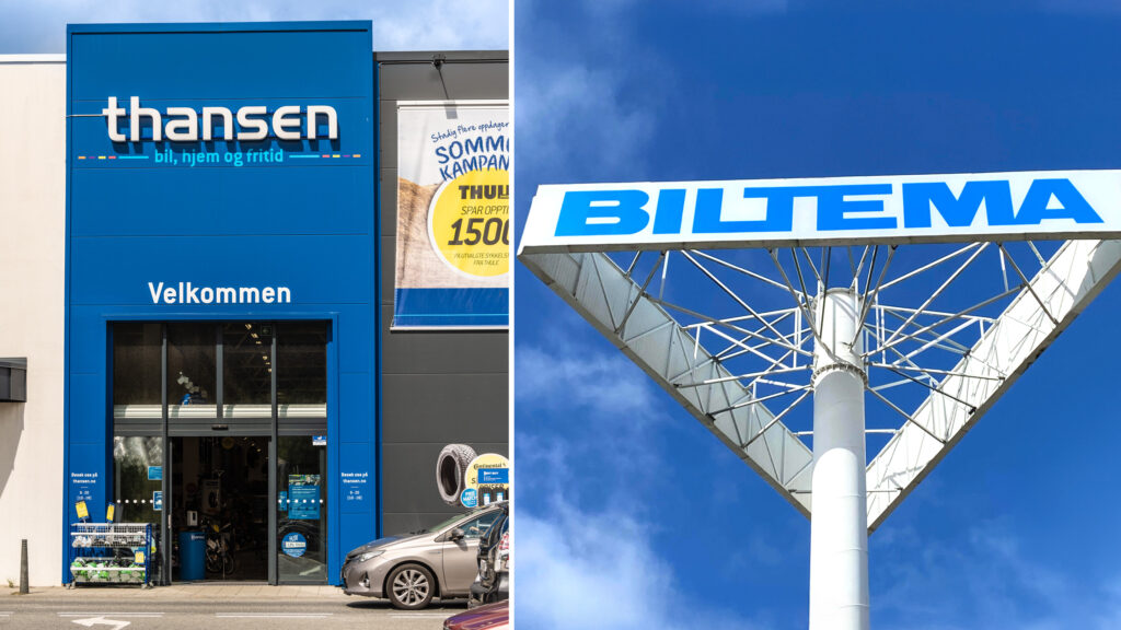 Thansens entré och Biltemas skylt