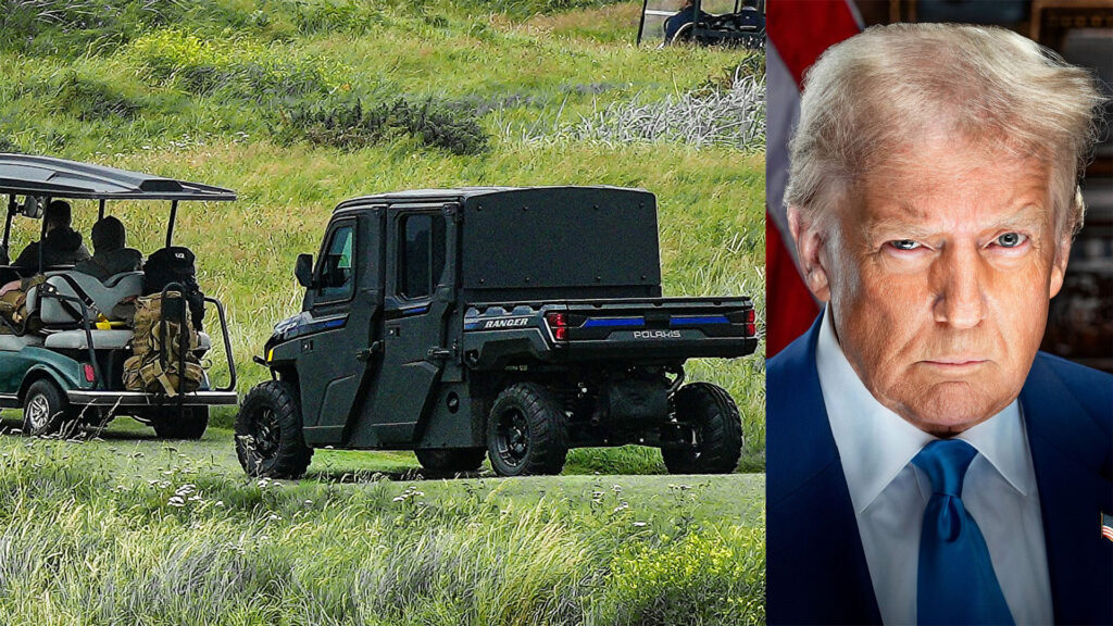 Bepansarad Polaris golfbil med Donald Trump infälld till höger i bild.