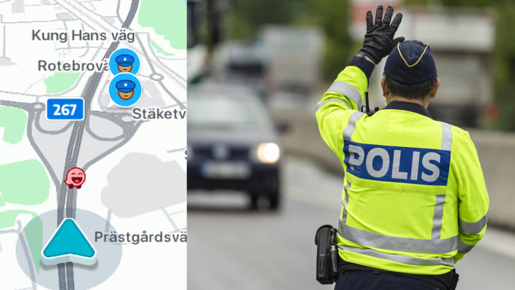 Trafikpolis som stoppar bil samt kartbild med varning för polis