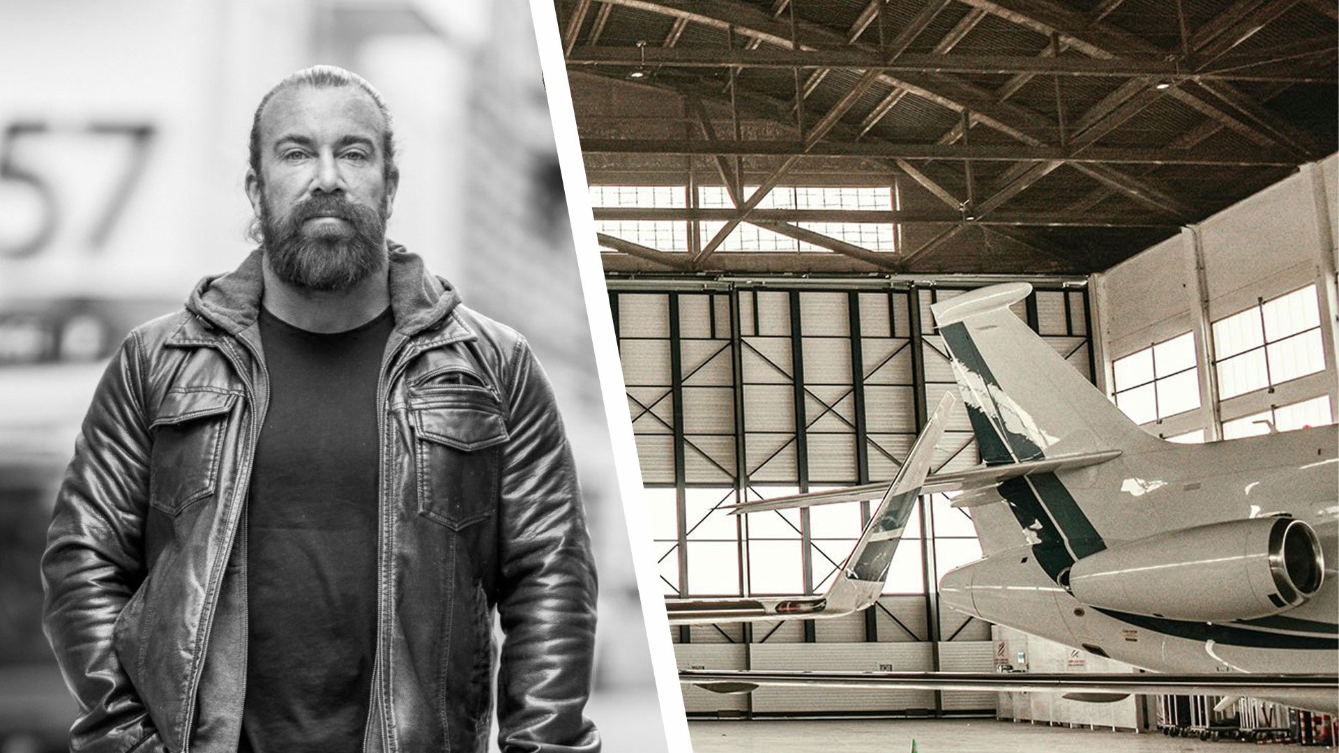 Jan Emanuel inklippt på en bild på en flyghangar.