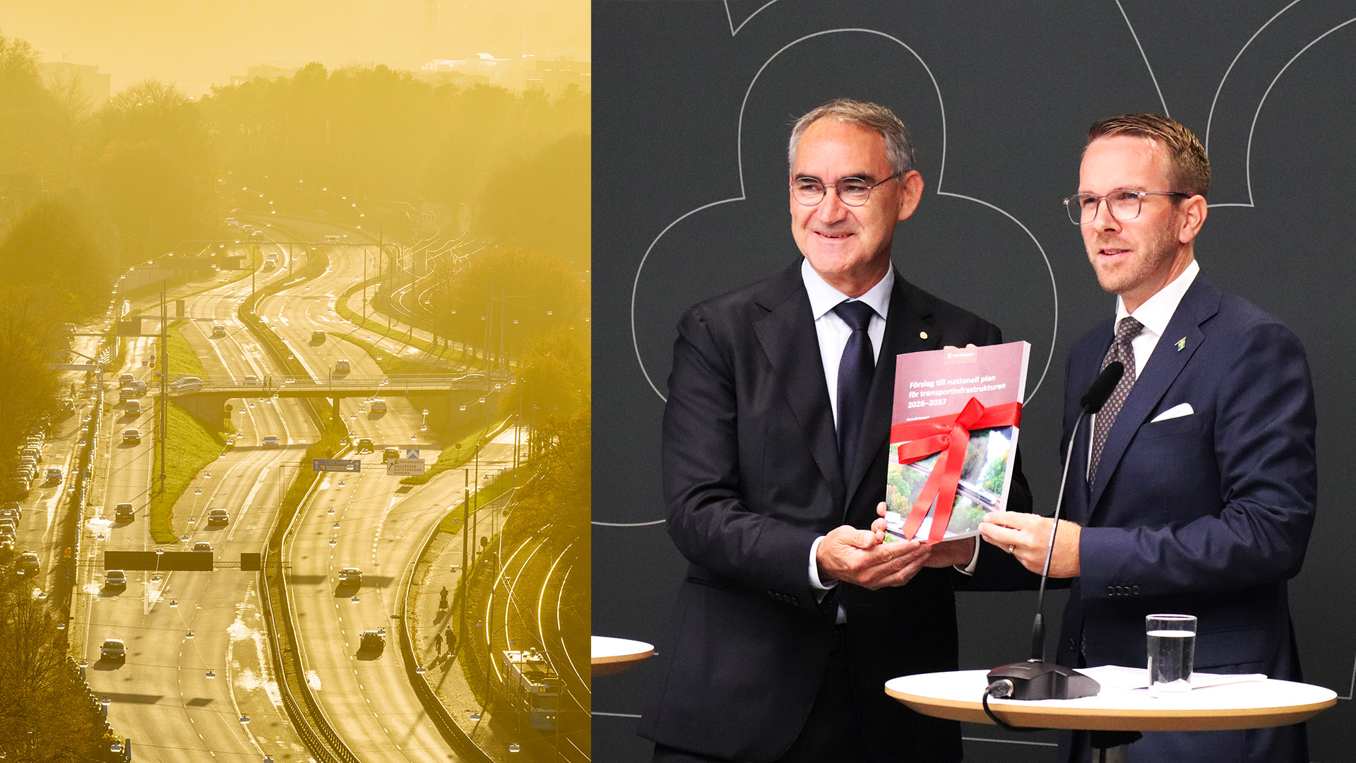 E4:an norr om Stockholm plus Trafikverkets generaldirektör Roberto Maiorana och Andreas Carlson (KD),