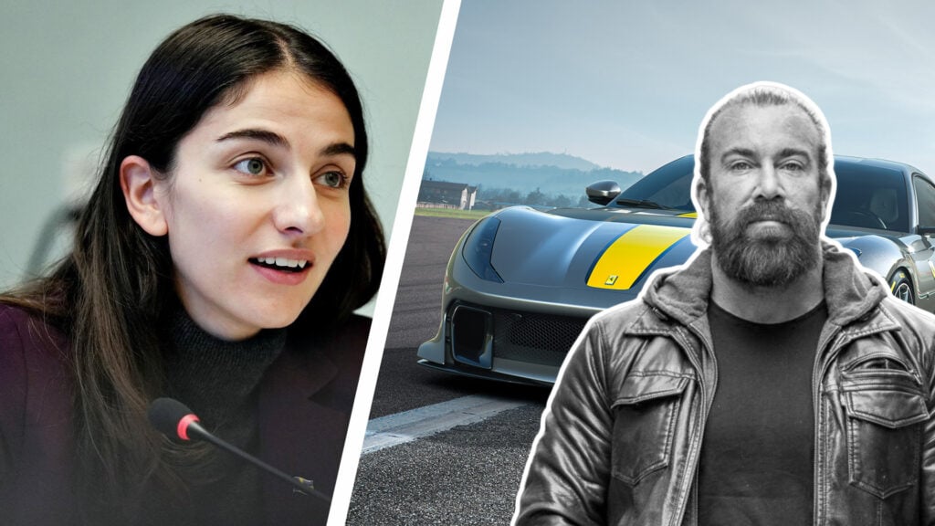Jan Emanuel inklippet på en bild på en silverfärgad Ferrari.
